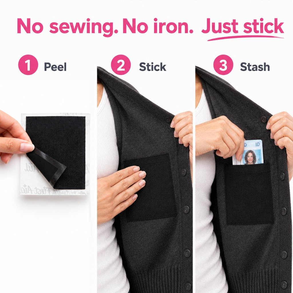 Pocksie Stick On Adhesive Pockets for Clothing, Boots, Bags, Festivals