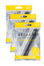Three yellow packages of Attache replacement barbs, each containing 200 clear and 200 black barbs for buttons, hems, and wrap tops