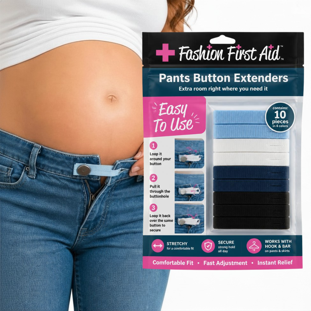 Fashion First Aid Pants Button Extenders package with 10 pieces in 4 colors, shown next to a pregnant belly wearing unbuttoned jeans with 3-step usage instructions