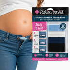 Fashion First Aid Pants Button Extenders package with 10 pieces in 4 colors, shown next to a pregnant belly wearing unbuttoned jeans with 3-step usage instructions