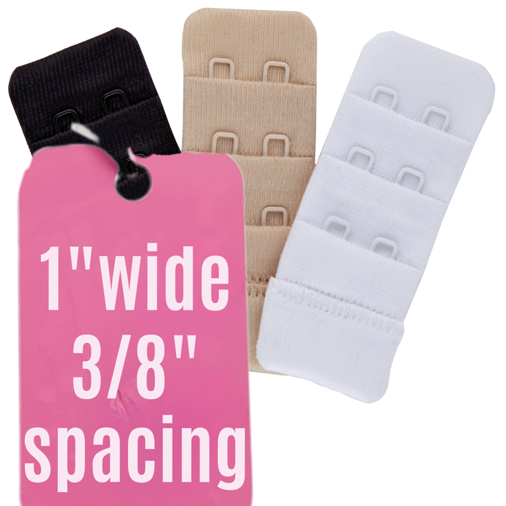 Black, beige, and white 2-hook narrow bra extenders, 1 inch wide with 3/8 inch hook spacing