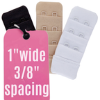 Black, beige, and white 2-hook narrow bra extenders, 1 inch wide with 3/8 inch hook spacing
