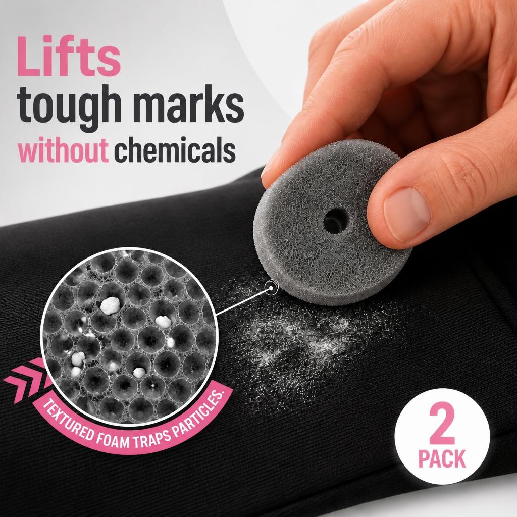 Close-up of a Skid Out sponge lifting a white powder mark off black fabric, with a magnified inset showing the textured foam trapping particles