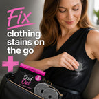 Woman pulling a Skid Out sponge from her handbag to fix a stain on her black top
