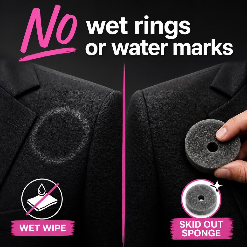 Side-by-side comparison of a wet wipe leaving a water ring on a black blazer versus a Skid Out sponge leaving no mark