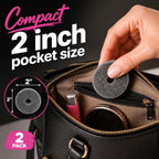 Hand placing a 2-inch Skid Out sponge into a purse's interior pocket next to lip gloss and a compact mirror