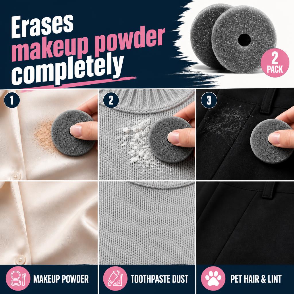 Three-step demonstration of a Skid Out sponge erasing makeup powder from a cream blouse, toothpaste dust from a gray sweater, and pet hair from black pants