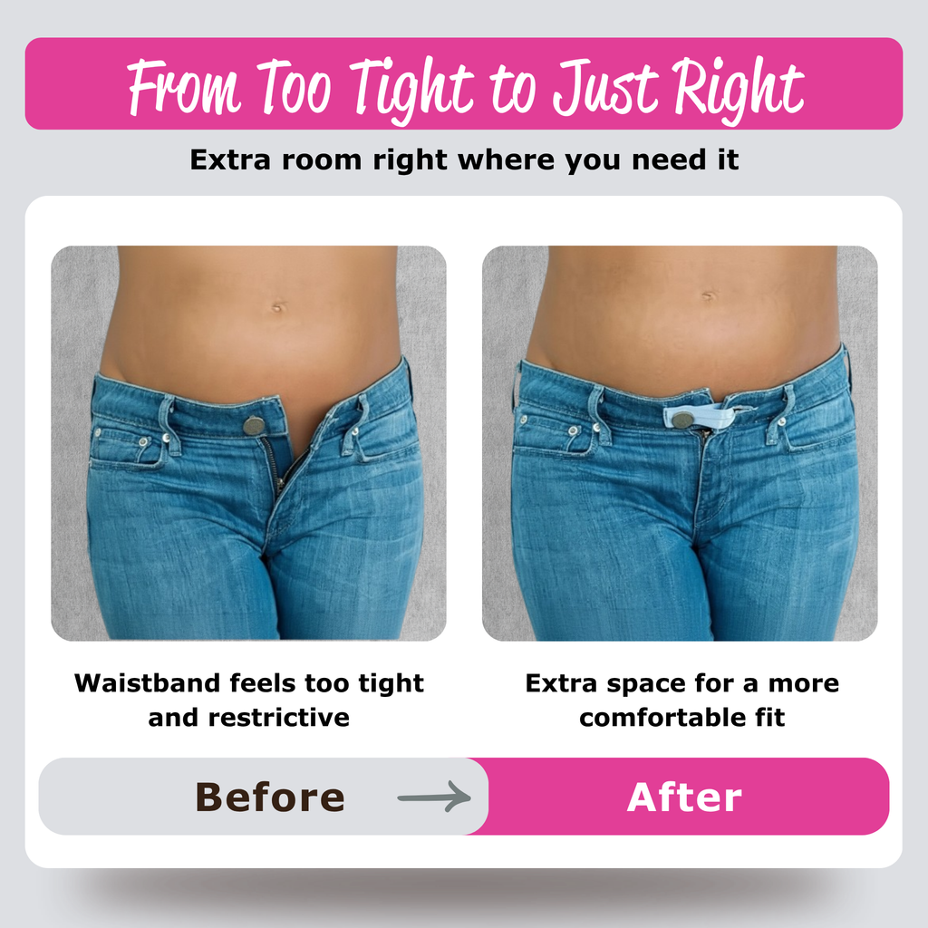 Before and after using button extenders on tight jeans