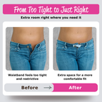 Before and after using button extenders on tight jeans