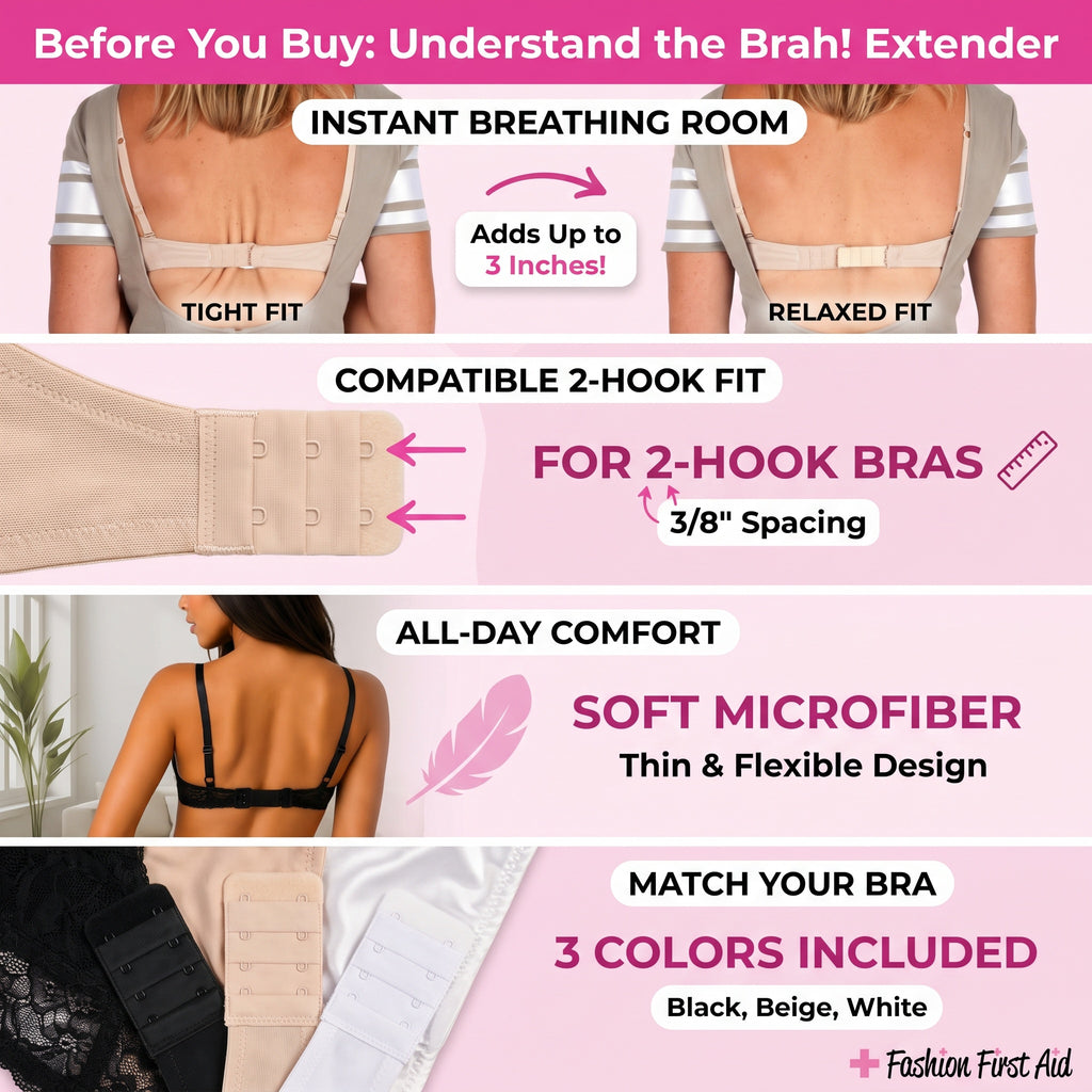 Brah! Extender: 2 & 3 Hook Bra Extender Strap, White/Beige/Black