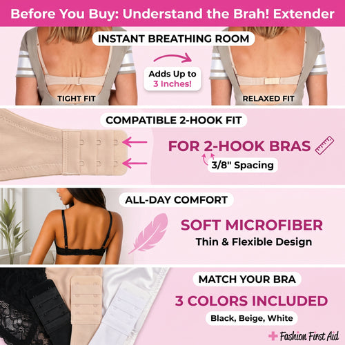 Brah! Extender: 2 & 3 Hook Bra Extender Strap, White/Beige/Black