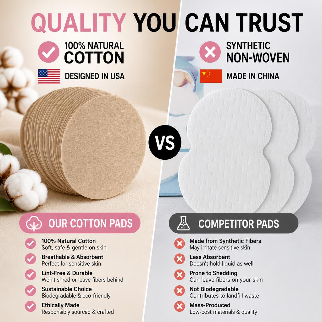 Comparison of Garment Guard's 100% natural cotton pads versus a synthetic non-woven competitor pad, listing cotton benefits like breathability and biodegradability