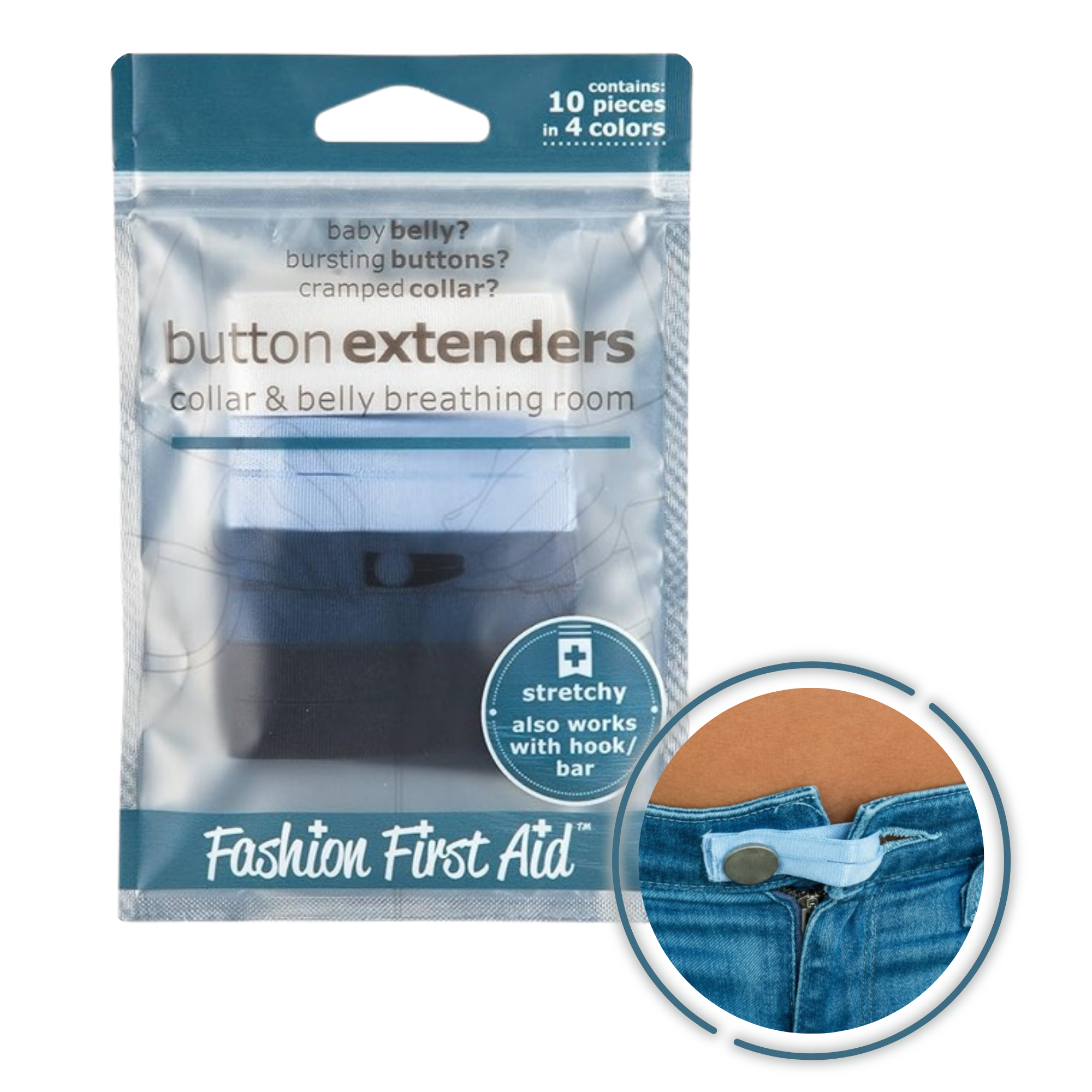 Fashion First Aid button extenders for jeans and dress shirts