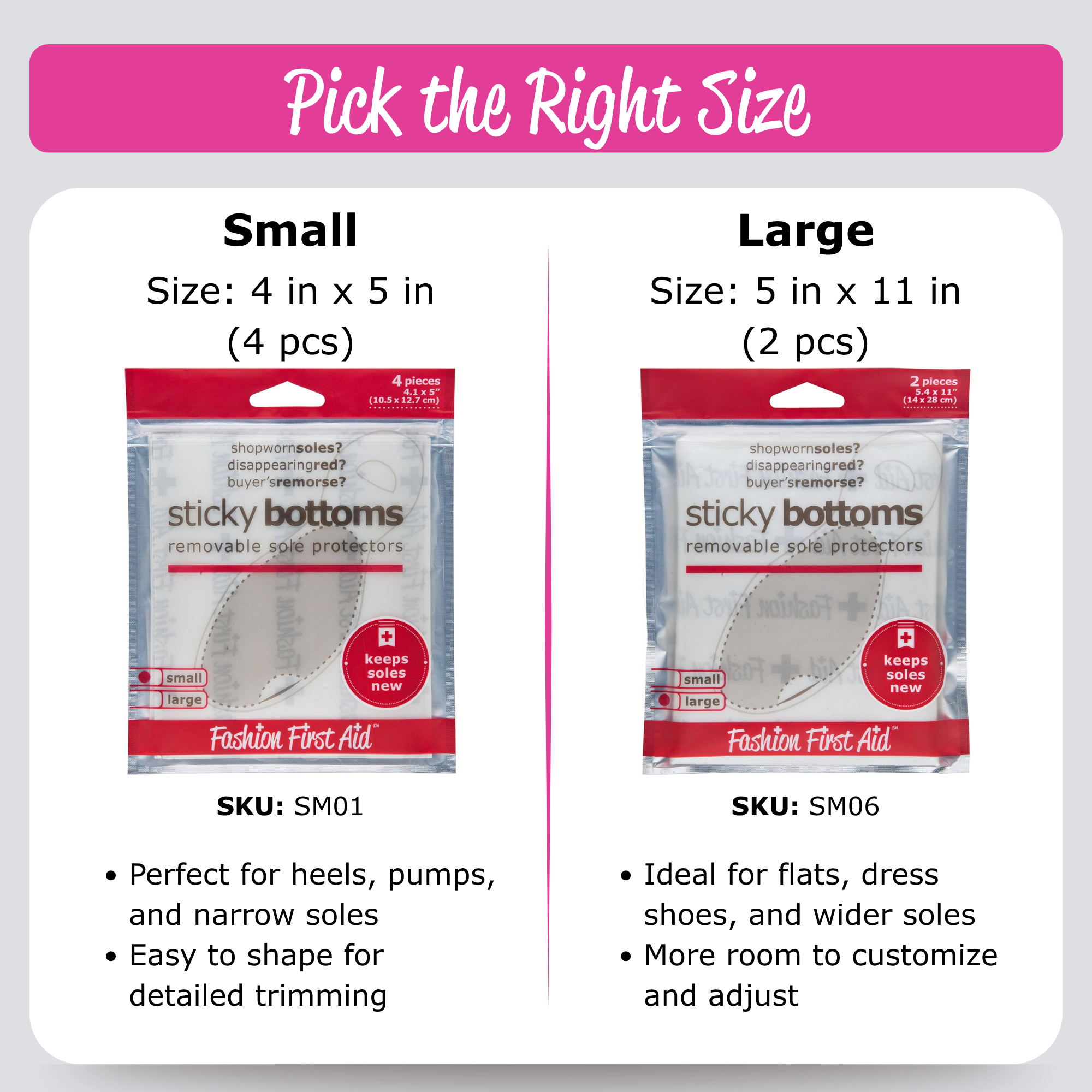 Shoe sole protector size chart for different shoe styles