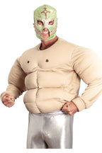 Man wearing a padded fake-muscle costume with a green luchador wrestling mask, a comedic prop for exaggerated fake muscles
