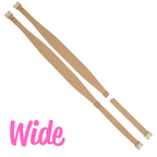 Pair of tan wide replacement bra straps with adjustable metal hook ends, one shown detached at the slider